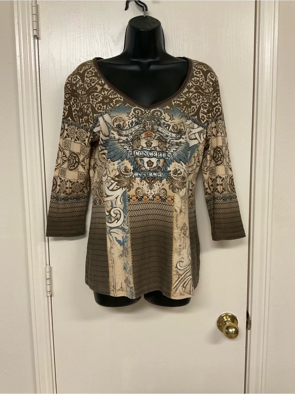 Vanilla Sugar Beige, Brown and Blue Graphic V-Neck Long Sleeve Top